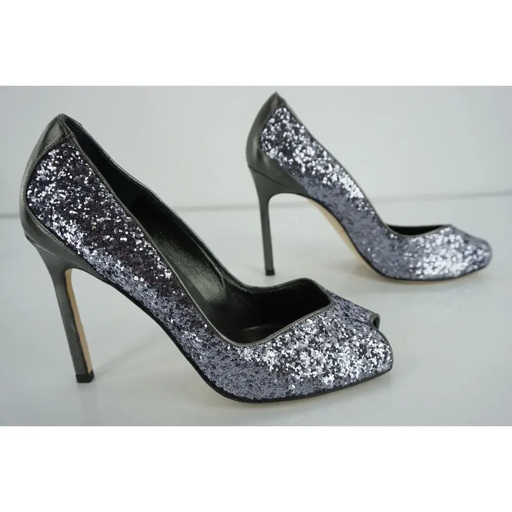 Manolo Blahnik Glitter Fatducabo Peep Toe Heels Pumps Size 37.5